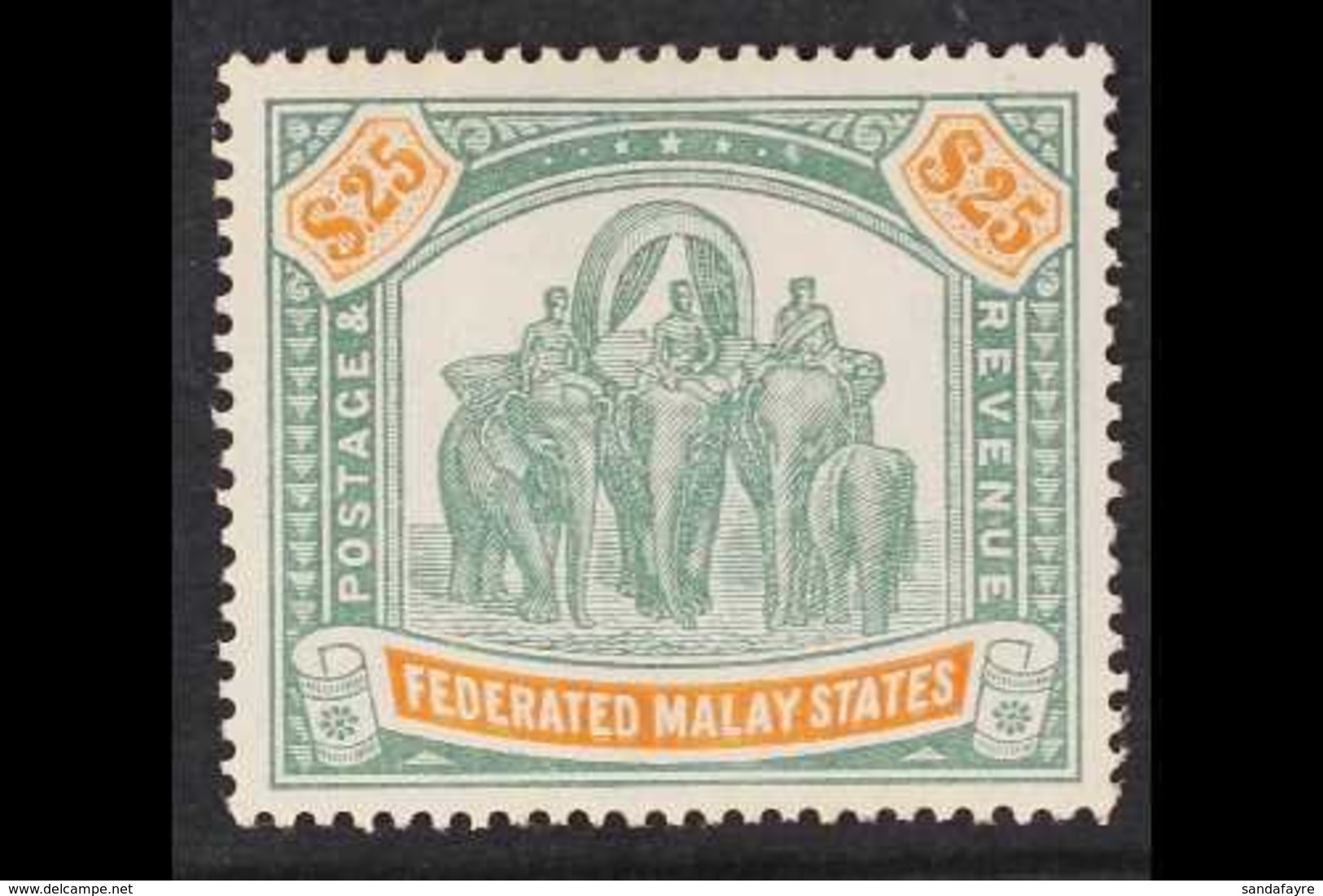 FEDERATED MALAY STATES 1928 $25 Green And Orange Elephants, Wmk Mult Script CA, SG 82, Mint With Lovely Fresh Appearance - Autres & Non Classés