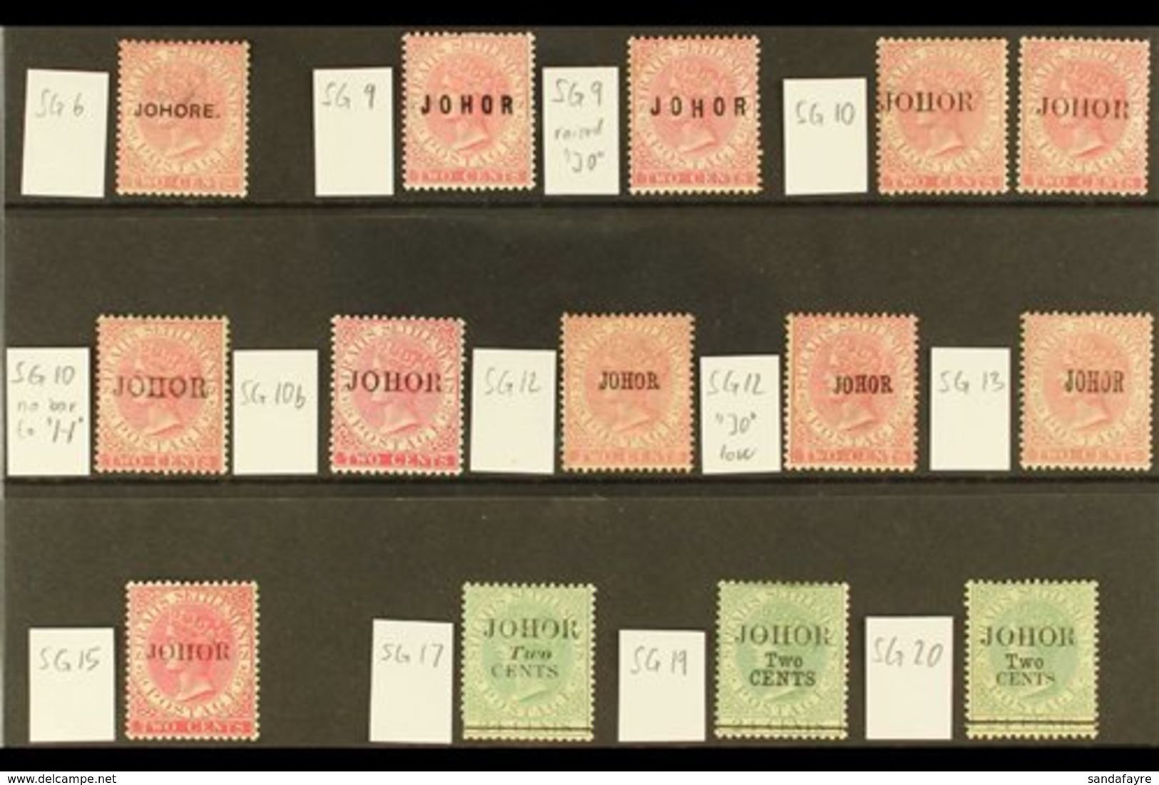 JOHORE 1884-1891 OVERPRINTS Mint Group On A Stock Card, All Identified By Cat Numbers, Includes 1884-86 2c SG 6 (thin),  - Andere & Zonder Classificatie