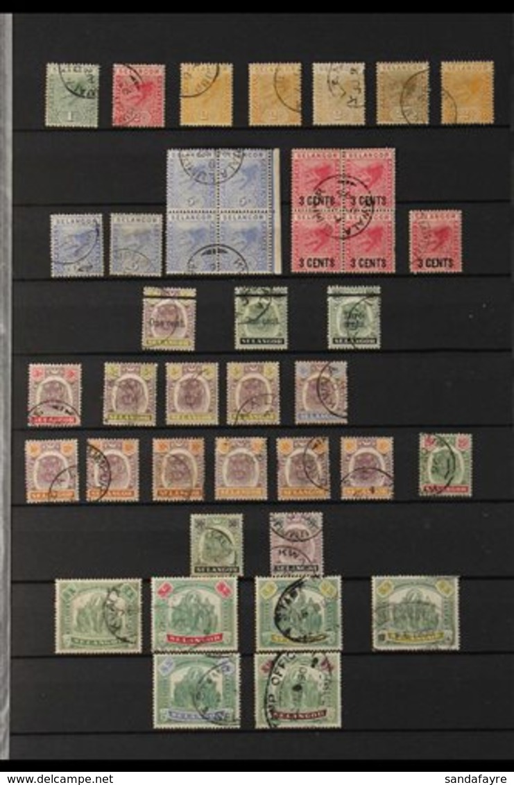 SELANGOR 1891-1949 USED EX DEALERS STOCK Presented On Stock Book Pages Cut From An Album. We See The 1891 Tiger Set With - Autres & Non Classés