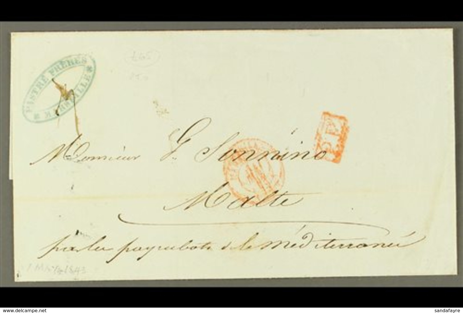 1843 (MAY) Stampless Wrapper From Marseilles To Malta Showing On The Front Red Marseilles Cds Plus Boxed "P.P." In Red,  - Malta (...-1964)