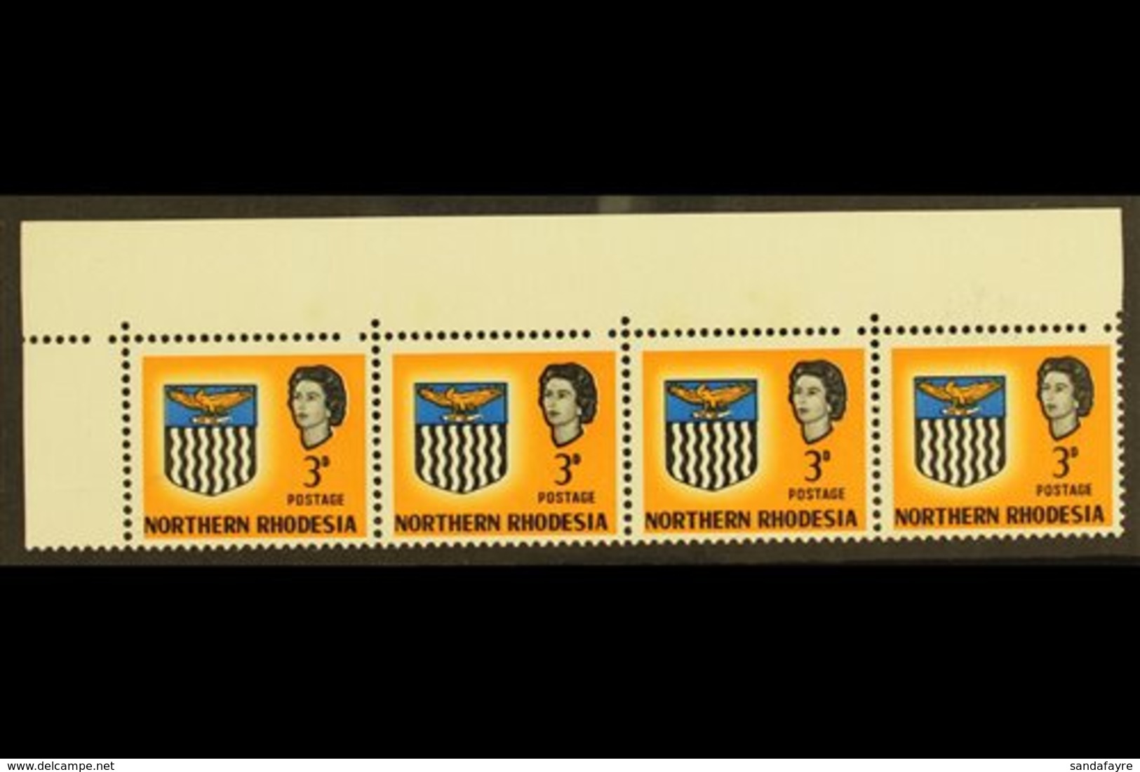 1963 3d Top Marginal, Horizontal Strip Of Four, Each Showing Missing Perf. Hole VARIETY Between Stamp And Margin, SG 78, - Rodesia Del Norte (...-1963)