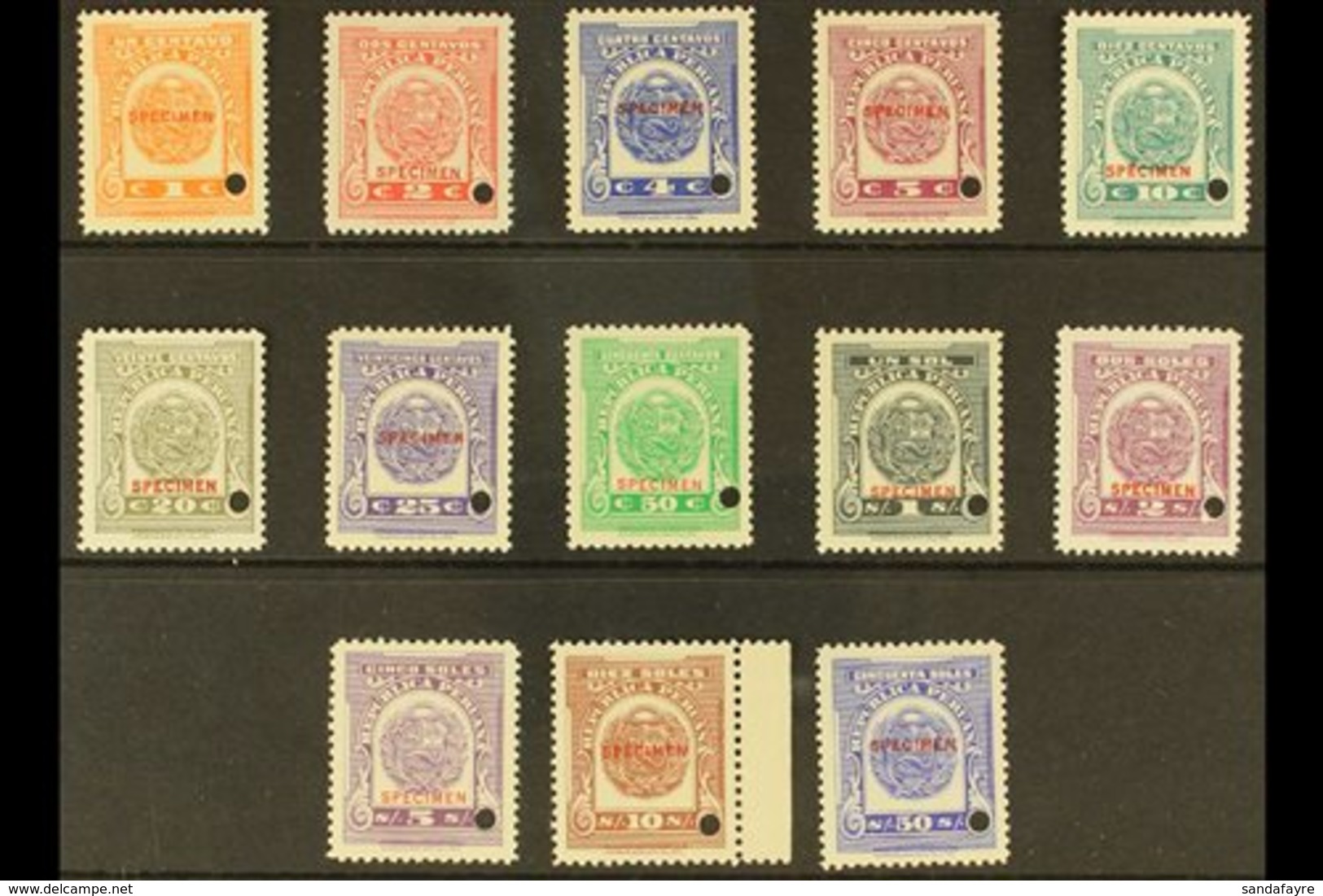 REVENUES DOCUMENT STAMPS 1937 Complete Set With "SPECIMEN" Overprints And Small Security Punch Holes, Never Hinged Mint  - Peru