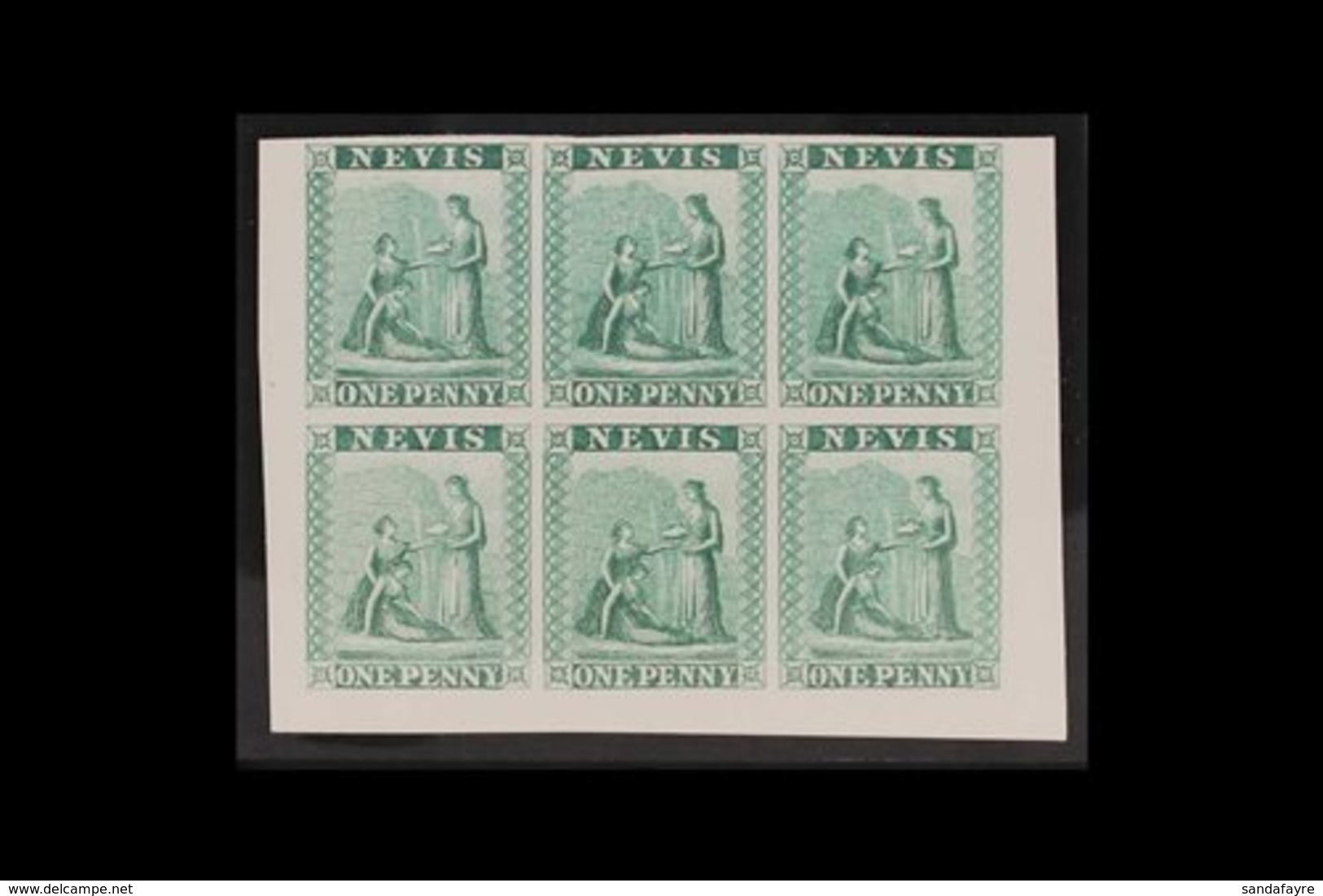 1862 IMPERF PROOFS. 1d Green (as SG 1) IMPERF COLOUR PROOFS BLOCK Of 6 (positions 7 To 12) Printed In Unissued Colour On - St.Christopher-Nevis-Anguilla (...-1980)