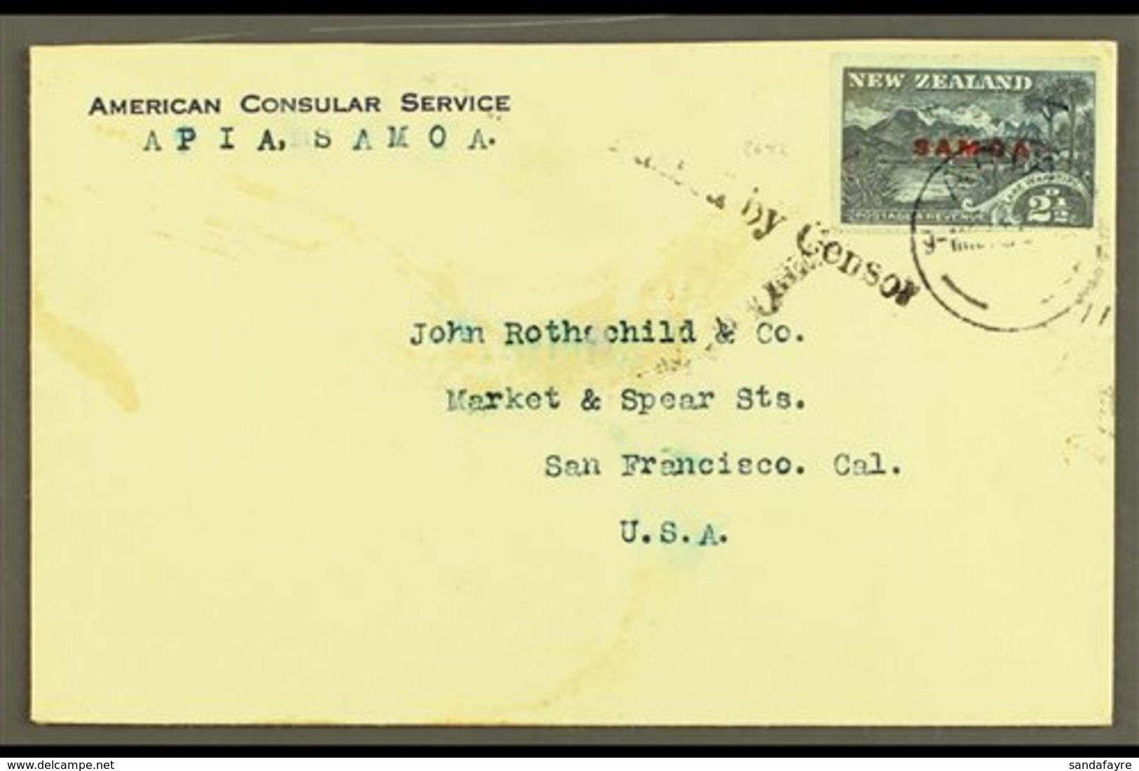 1914-15 2½d Deep Blue, SG 118, Used On "American Consular Service" Envelope To USA, "Passed By Censor" Single Line Cache - Samoa