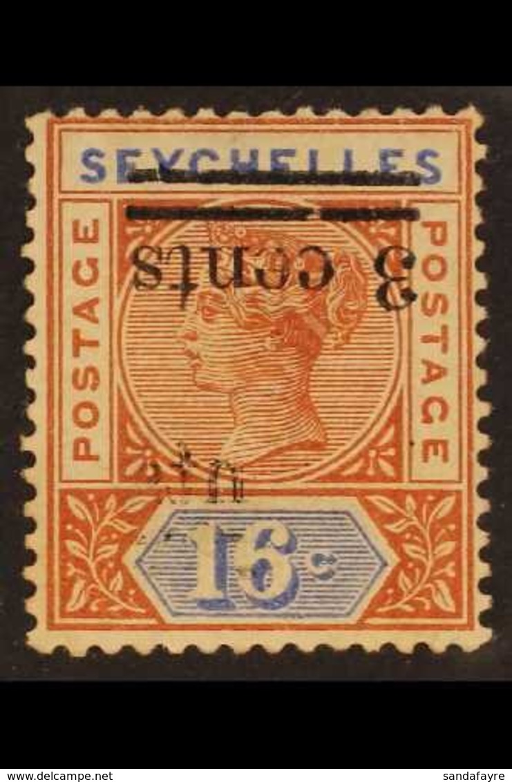 1901 3c On 16c Chestnut And Ultramarine, SURCHARGE INVERTED, SG 38a, Unused, With Unusual Partial Offset On Front Due To - Seychelles (...-1976)