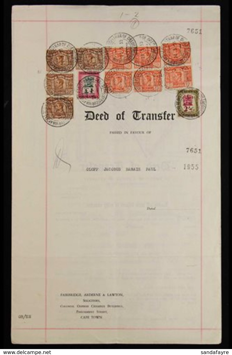 REVENUES ON DOCUMENT 1955 DEED OF TRANSFER With KGVI £25 X4 & £10 X6 Affixed, Plus Later 2s & £1 Values (£161 2s Duty In - Unclassified
