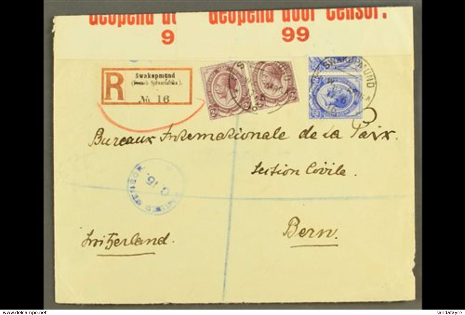 1916 (28 Jul) Registered Cover ("Deutsch" Obliterated From Reg Label) From Swakopmund To Berne (the Bureaux Internationa - Africa Del Sud-Ovest (1923-1990)