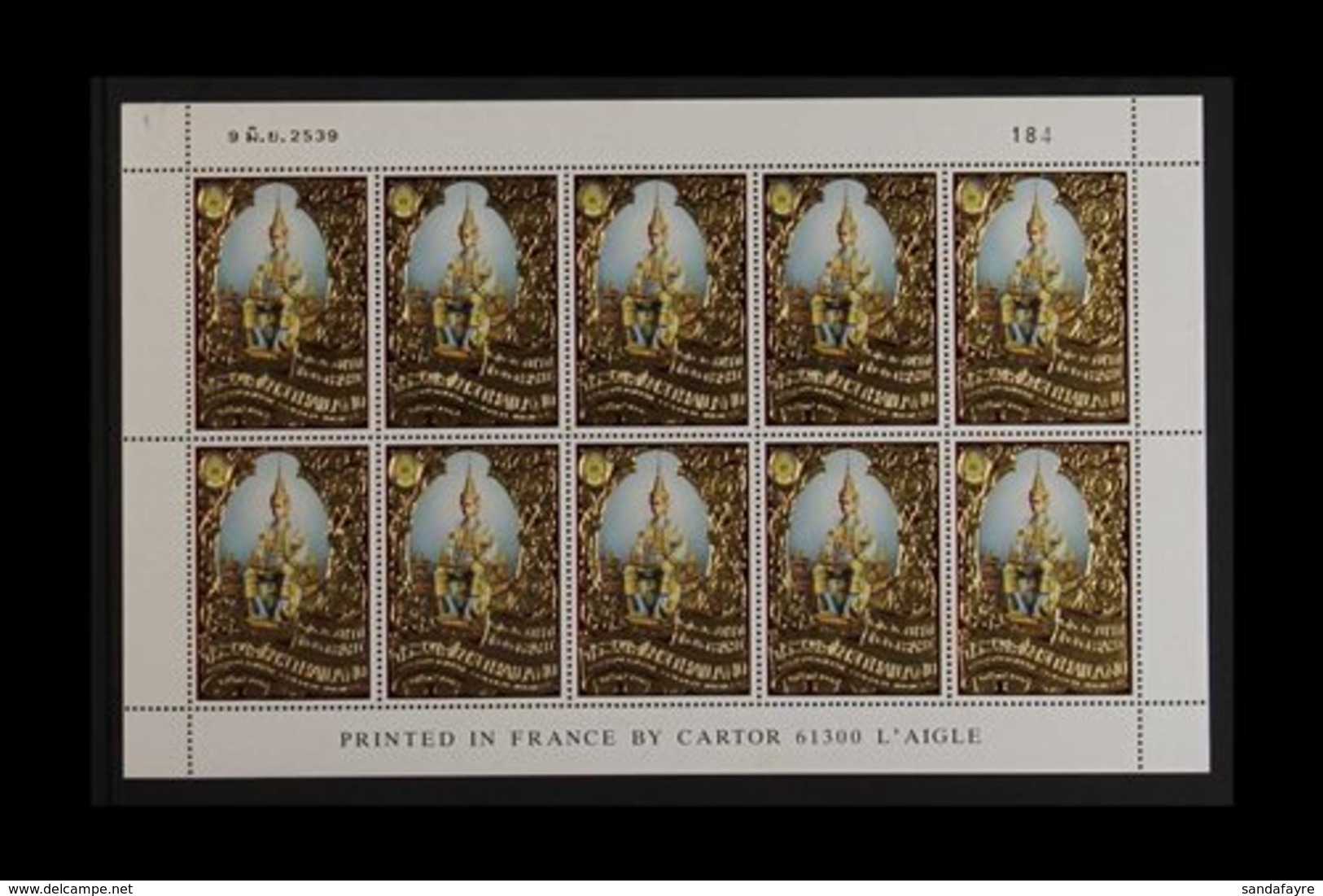 1996 50th Anniv Of King Bhumibol's Accession 100b Gold Foil, SG 1867, A Never Hinged Mint COMPLETE SHEET OF TEN With Ful - Tailandia