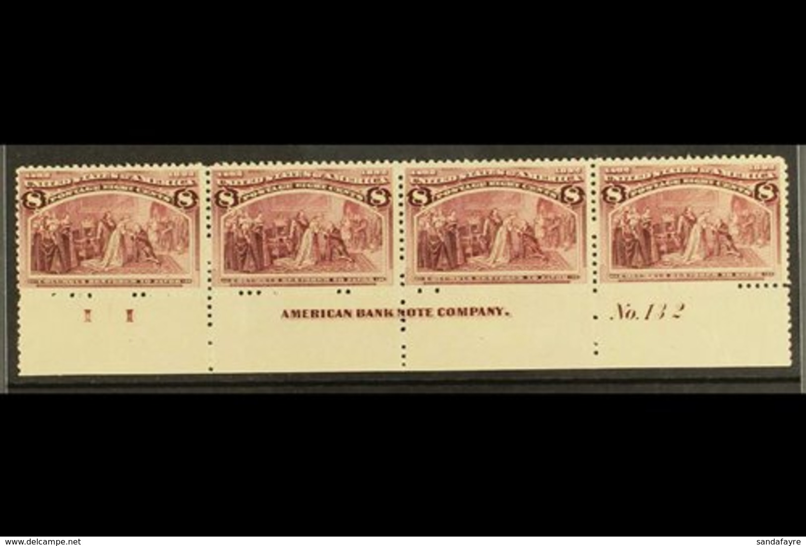 1893 8c Magenta Columbian Expo, SG 241 (Scott 236), Plate Number Strip Of Four With Full Imprint And Letter, Lovely Fres - Otros & Sin Clasificación