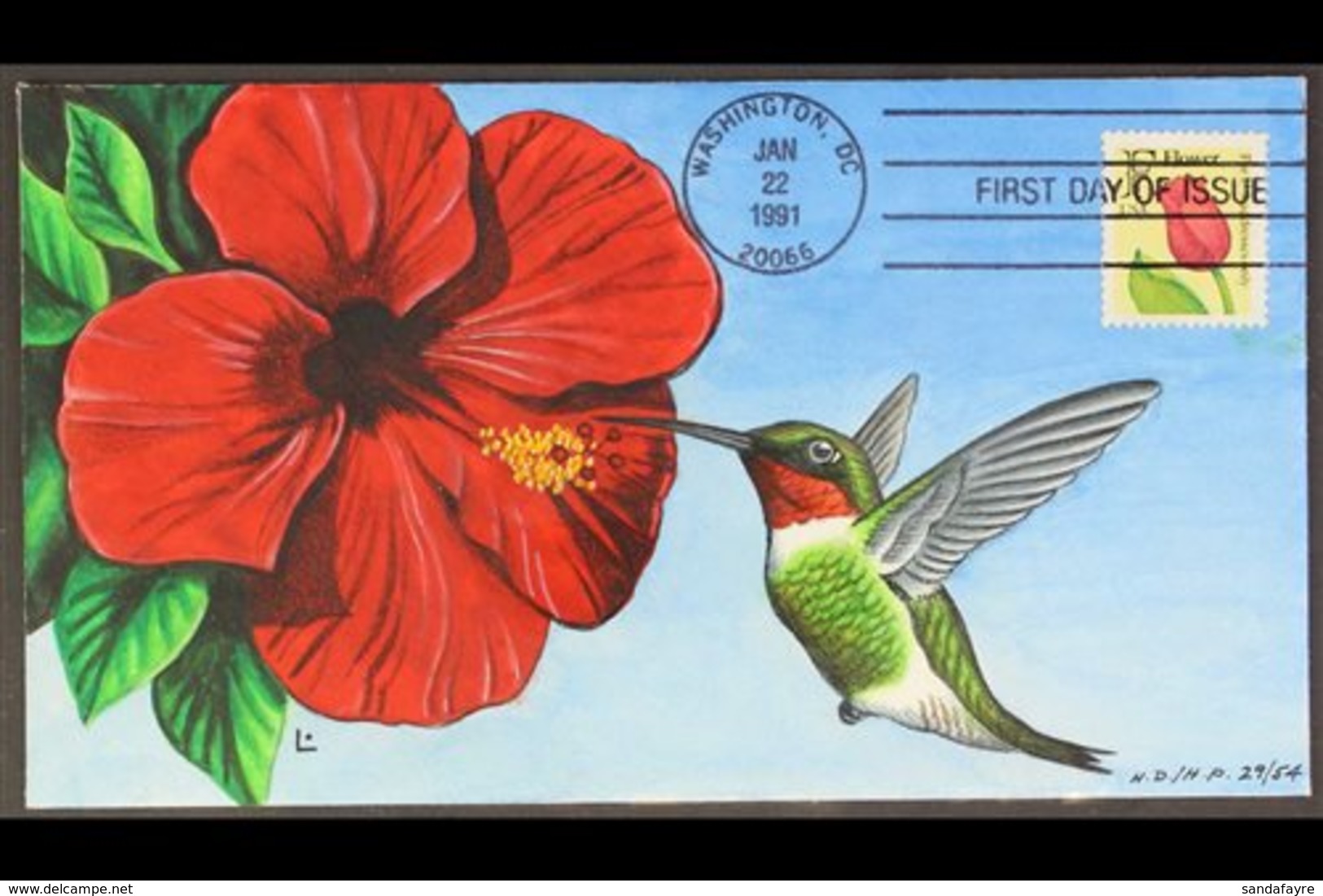 HAND PAINTED FIRST DAY COVER 1991 Flower "F" Stamp, Scott 2517, Used On Hand Painted FDC Showing A Hummingbird And Hibis - Otros & Sin Clasificación