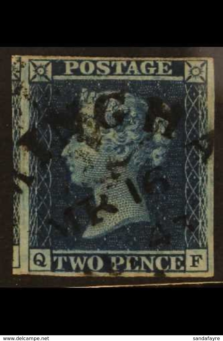 1841 2d Deep Full Blue 'QF' Plate 3 With 4 Margins Showing Portion Of Adjoining The Stamp, Cancelled By "BIRMINGHAM" Cds - Altri & Non Classificati