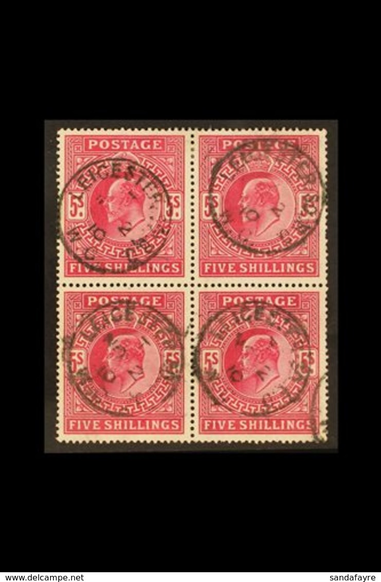 1902-10 5s Deep Bright Carmine De La Rue (SG 264), Fine Used BLOCK OF FOUR Each Stamp Cancelled By Leicester Square Cds. - Sin Clasificación