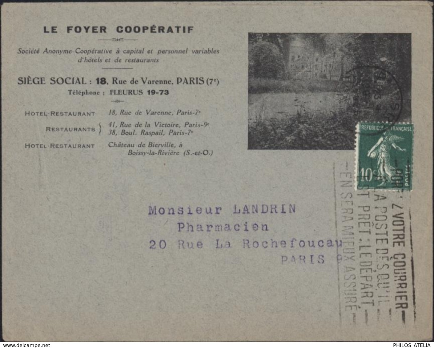 Enveloppe Illustrée Le Foyer Coopératif Paris SA Hôtels Restaurants YT 159 CAD Paris RP Flamme Portez Votre Courrier - 1921-1960: Periodo Moderno