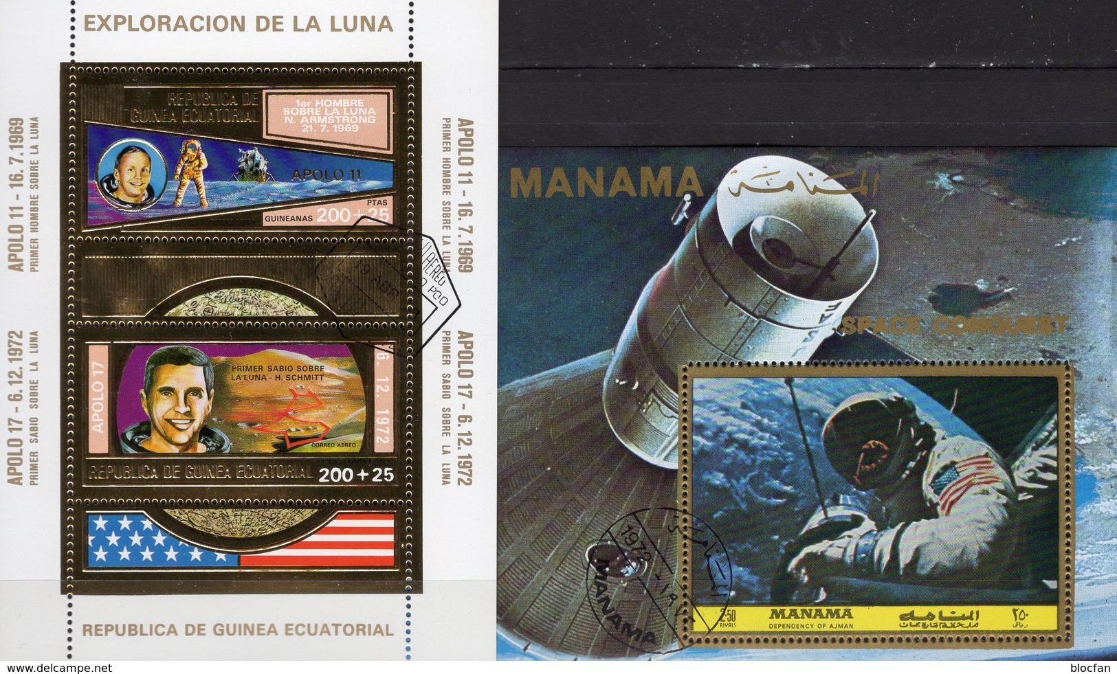 Exploration Apollo 11-17 Mondflug 1972 Ä.Guinea Block 66+Manama Bl.218 O 24&euro; Astronauten Gold Blocs Sheets Bf Space - Collections