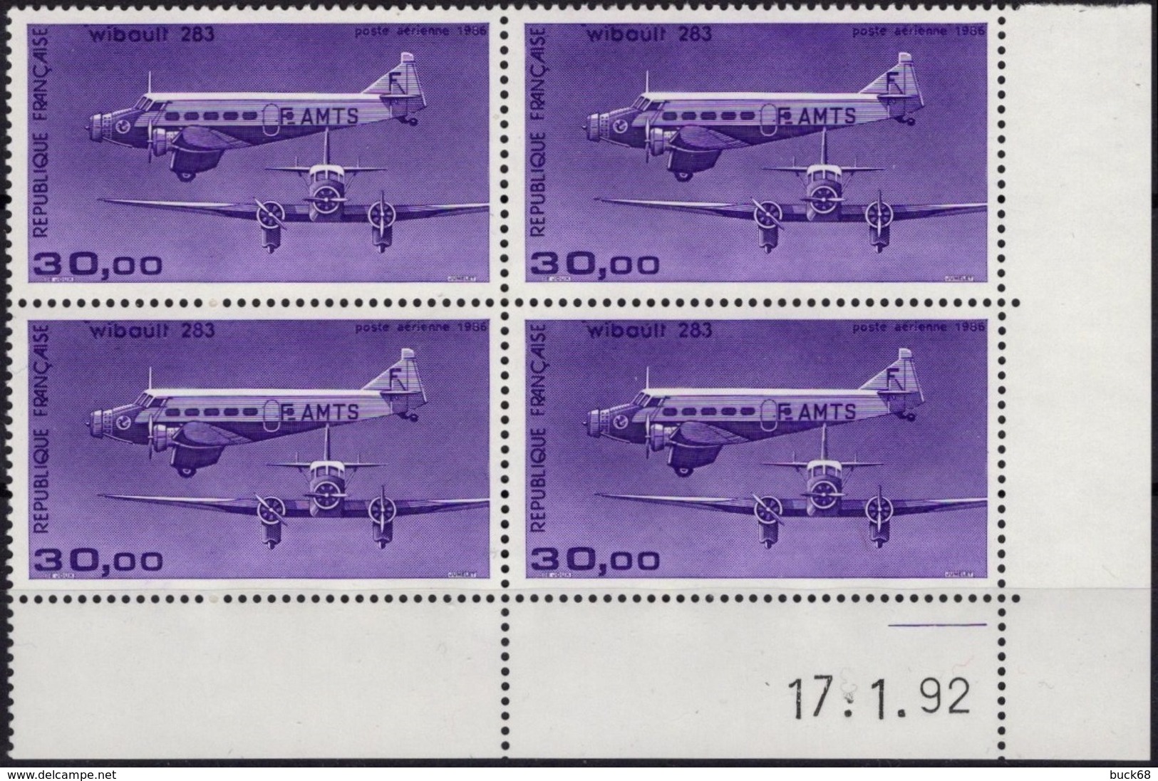 FRANCE Poste Aérienne  59b ** MNH Avion Trimoteur Wibault 283 Impression Fine Bloc De 4 Coin Daté 17. 1.92 Janvier 1992 - 1990-1999