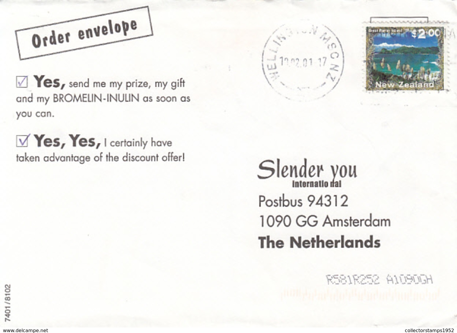 83078- WELLINGTON INK STAMP ON COVER, GREAT BARRIER ISLAND STAMP, 2001, NEW ZEELAND - Cartas & Documentos