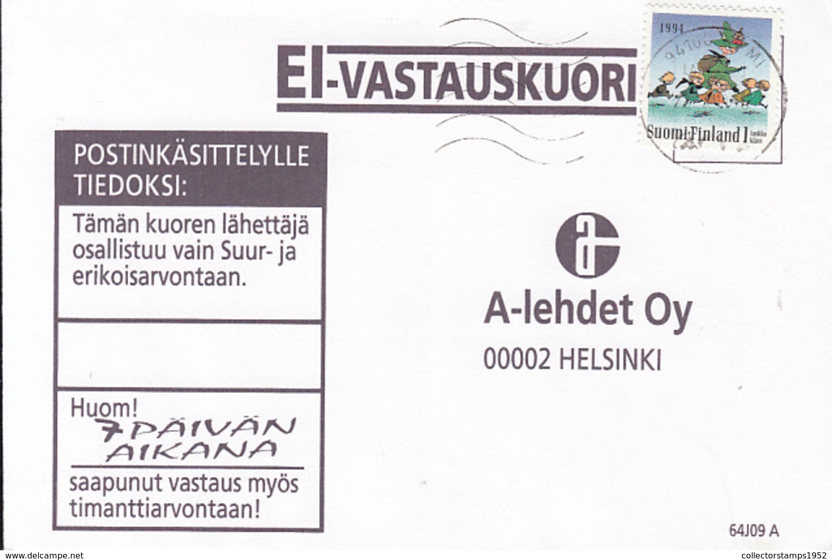 83105-CHRISTMAS, CHILDRENS, STAMP ON COVER, 1994, FINLAND - Covers & Documents