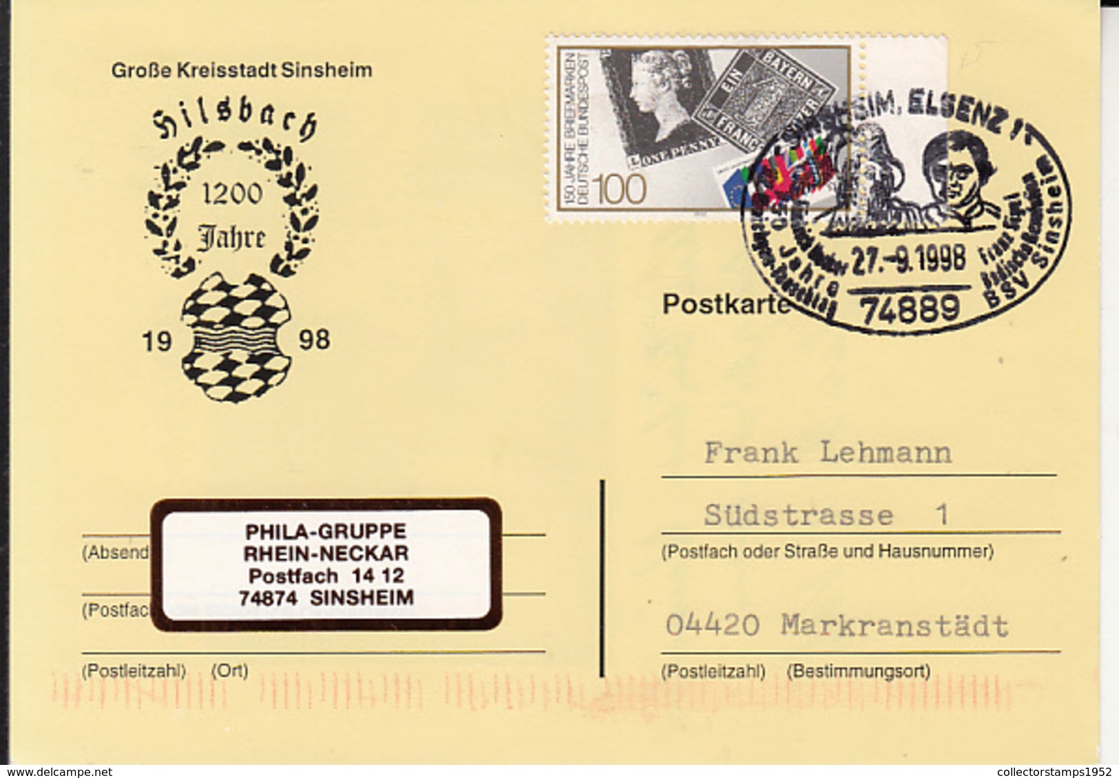 83186- HILSBACH TOWN, CHESS CLUB, GAMES, SPECIAL POSTCARD, 1998, GERMANY - Chess