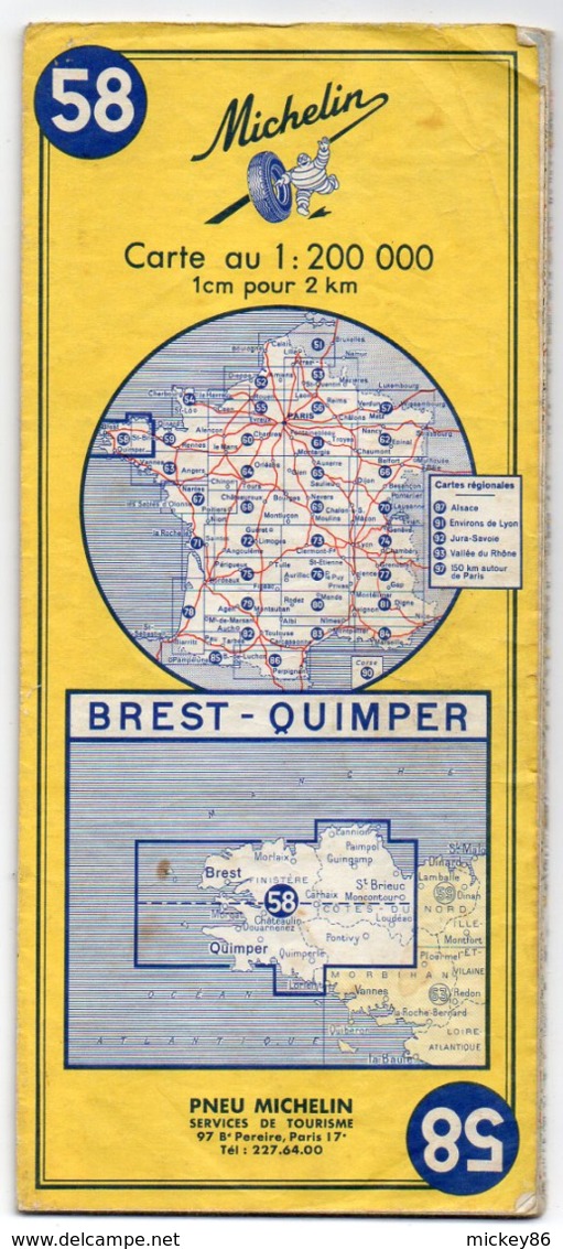 Carte Routière  Michelin N° 58   (1968 ) ---- BREST - QUIMPER ...............à Saisir - Cartes Routières