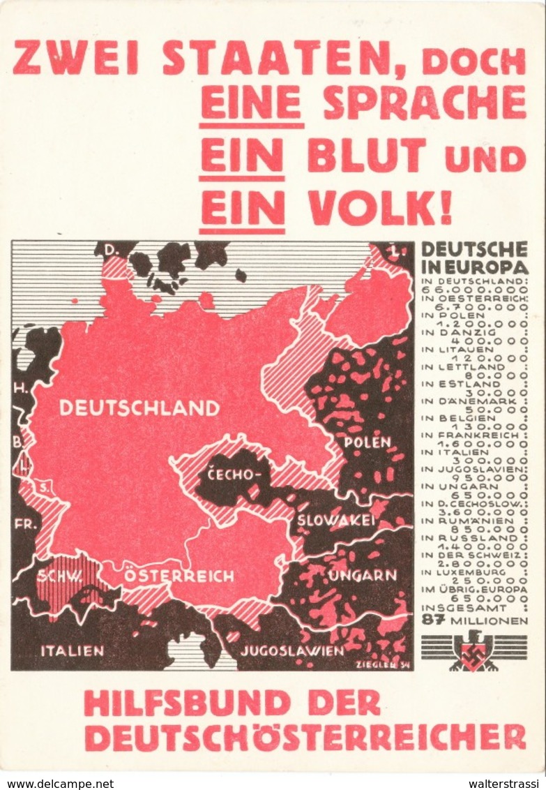 III. Reich, Propaganda Karte, " ZWEI STAATEN, DOCH EINE SPRACHE, EIN BLUT Und EIN VOLK ! " - War 1939-45