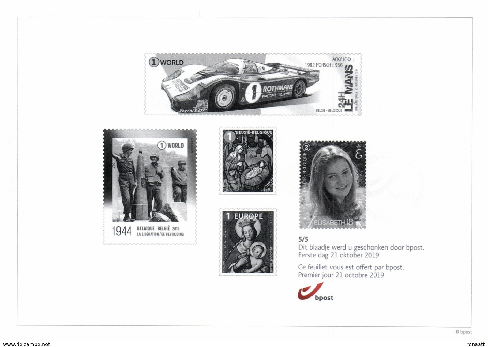 Belgium 2019 Black And White Sheetlet BPost 21-Oct-2019 Le Mans Car Racing WWII Bastogne Princess Elisabeth Christmas - B&W Sheetlets, Courtesu Of The Post  [ZN & GC]