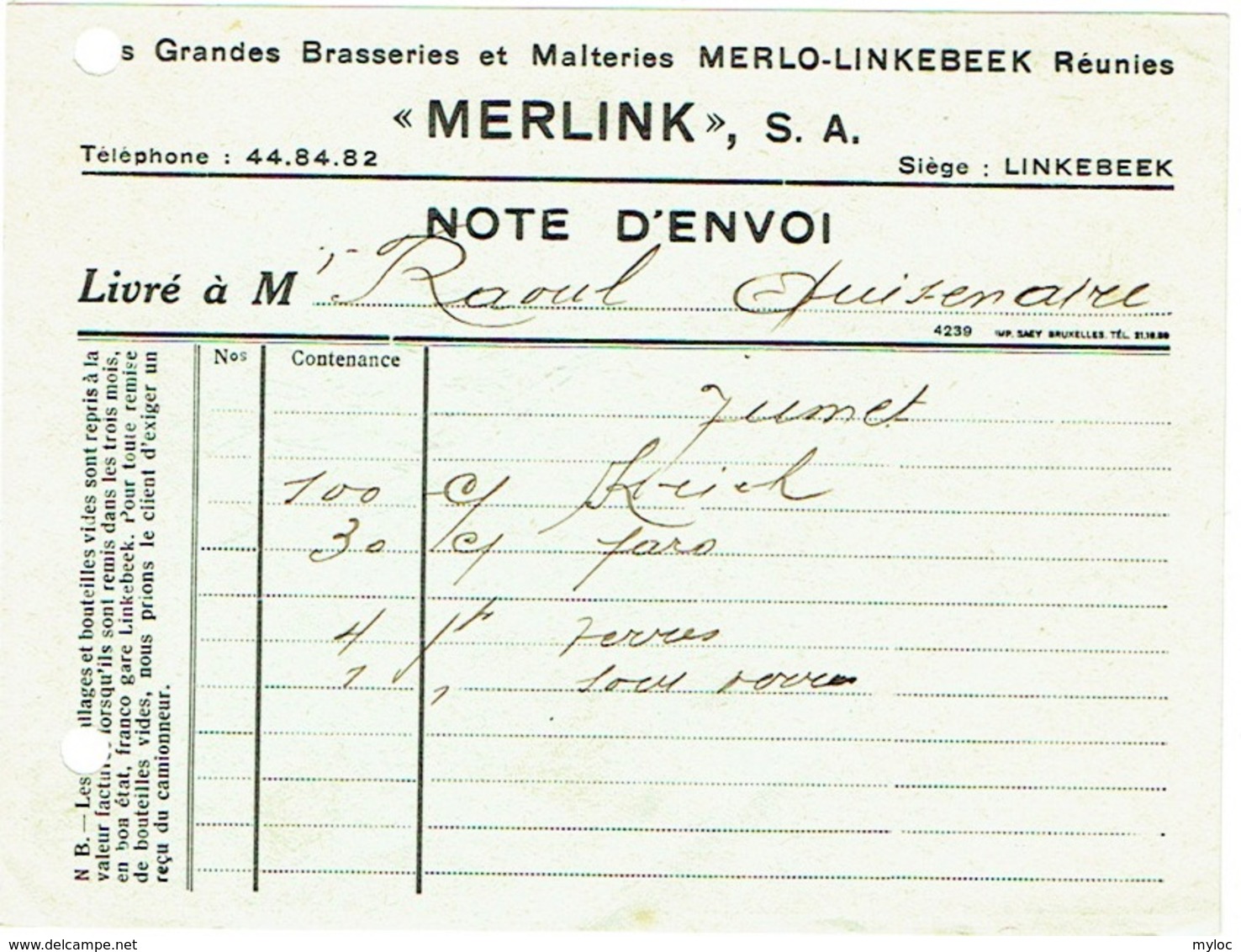 Brasseries Et Malteries Merlo-Linkebeek Réunies "MERLINK". Note D'Envoi. - 1900 – 1949