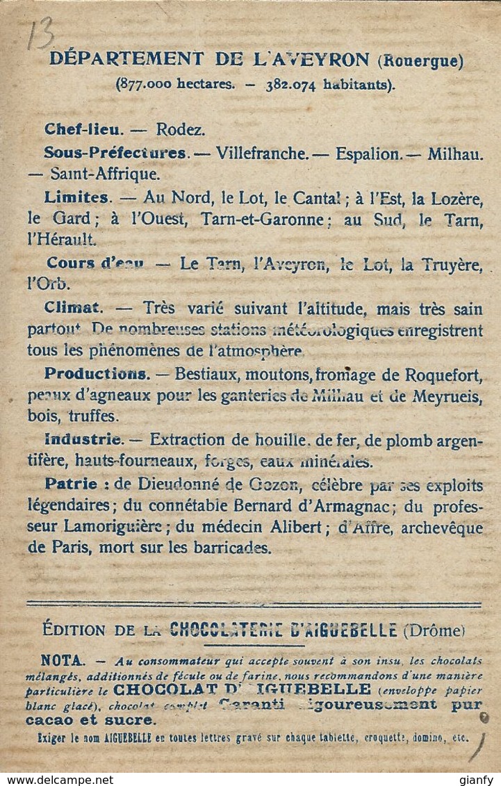 CHROMO CHOCOLAT D'AIGUEBELLE 1900 DEPARTEMENT AVEYRON - Aiguebelle