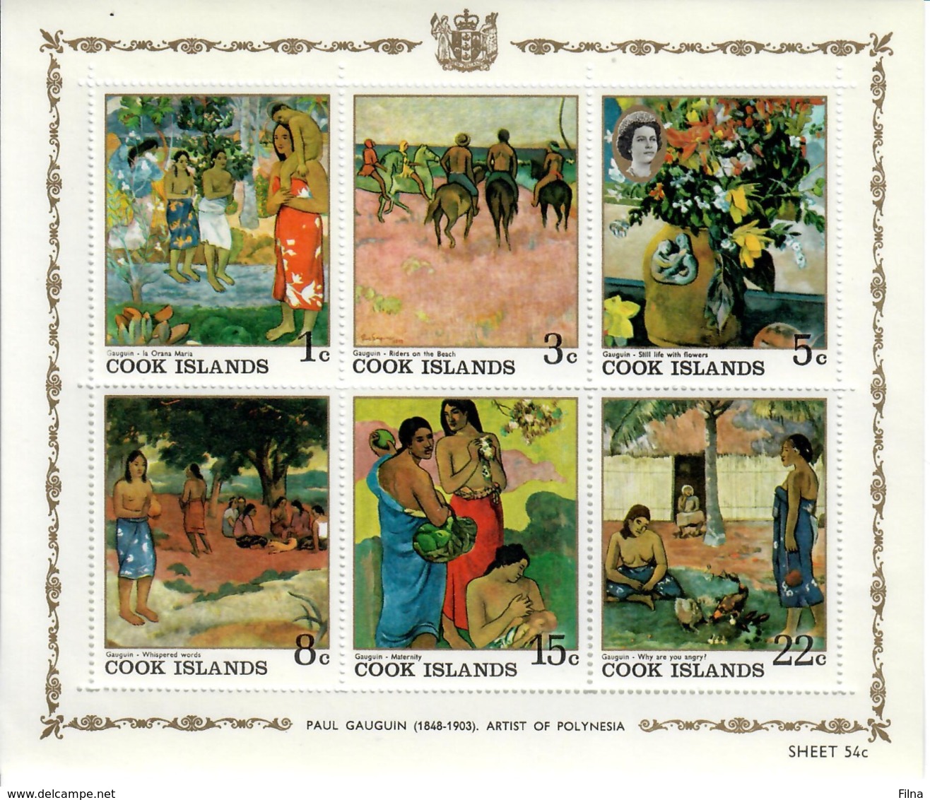 ISOLE COOK 1967  - ARTE QUADRI GAUGUIN - FOGLIETTO 6 VALORI  - MNH ** - Cook