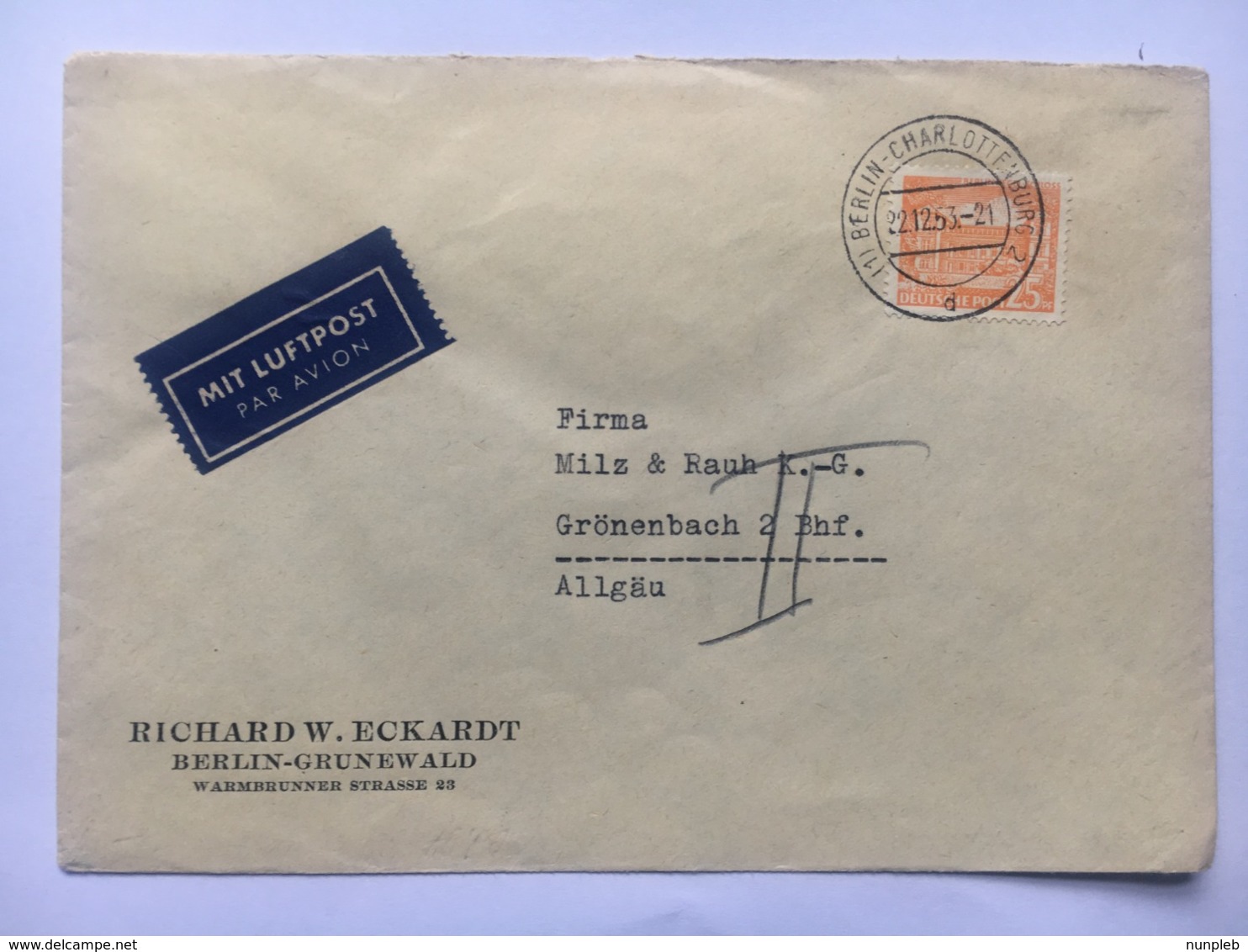 GERMANY Berlin 1953 Cover Air Mail To Allgau - Covers & Documents