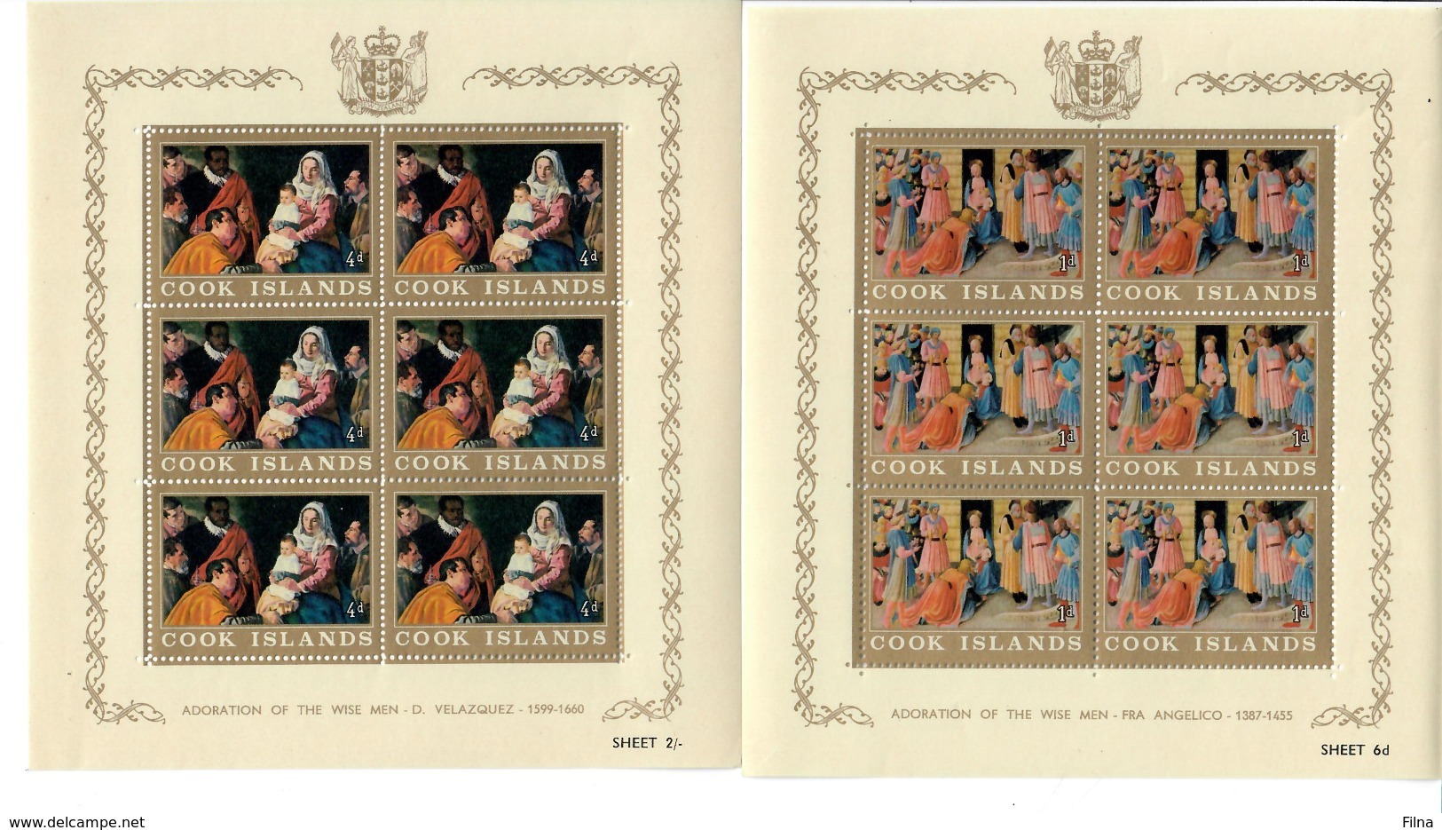 ISOLE COOK 1966 - NATALE - ARTE QUADRI - SERIE COMPLETA 5 MINIFOGLI   - MNH ** - Cook