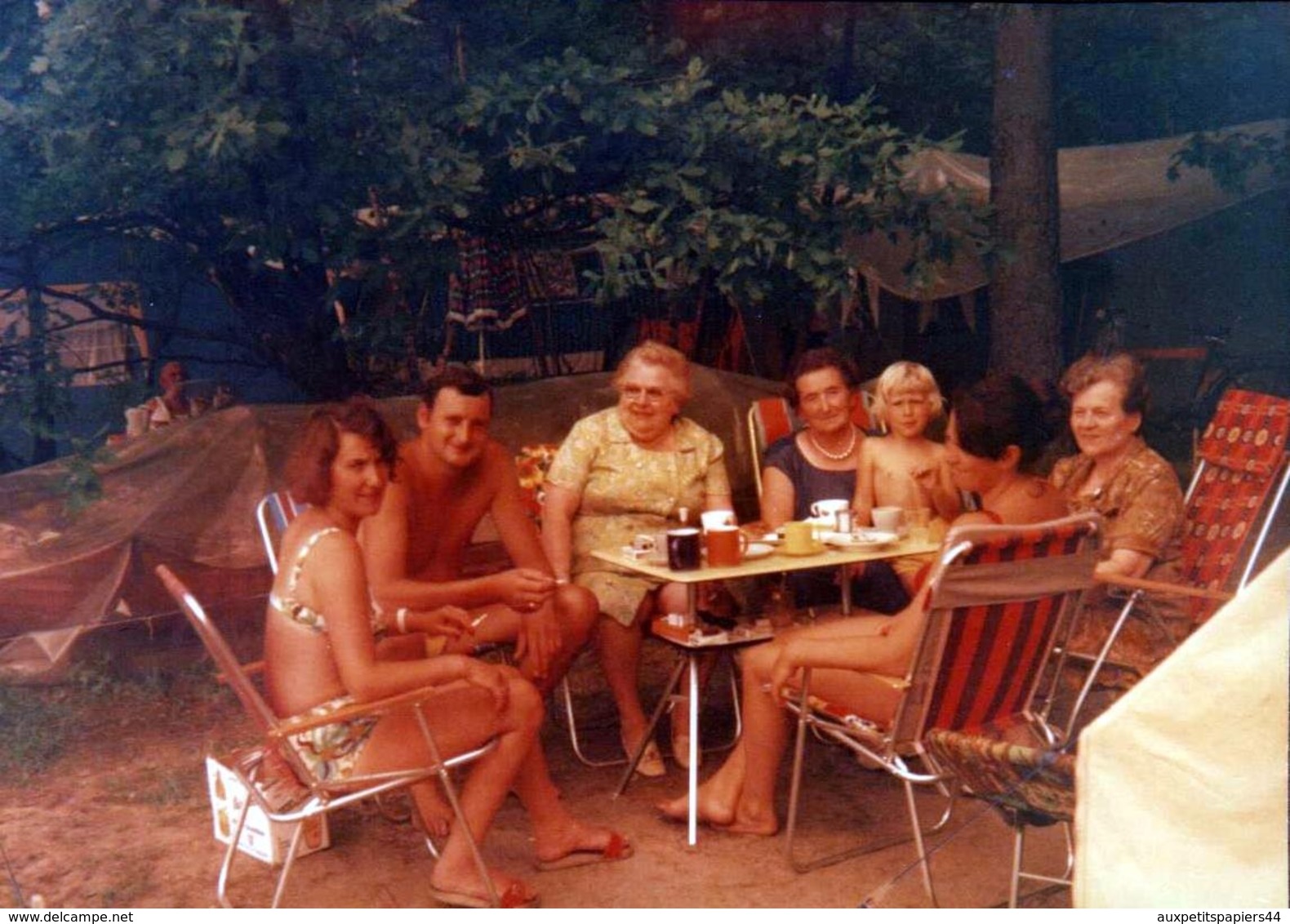 Photo Couleur Originale L'Apéritif Au Camping - Pastis D'un Jour, Pastis Toujours Vers 1970 - 1 Homme Pour 6 Femmes - Anonyme Personen