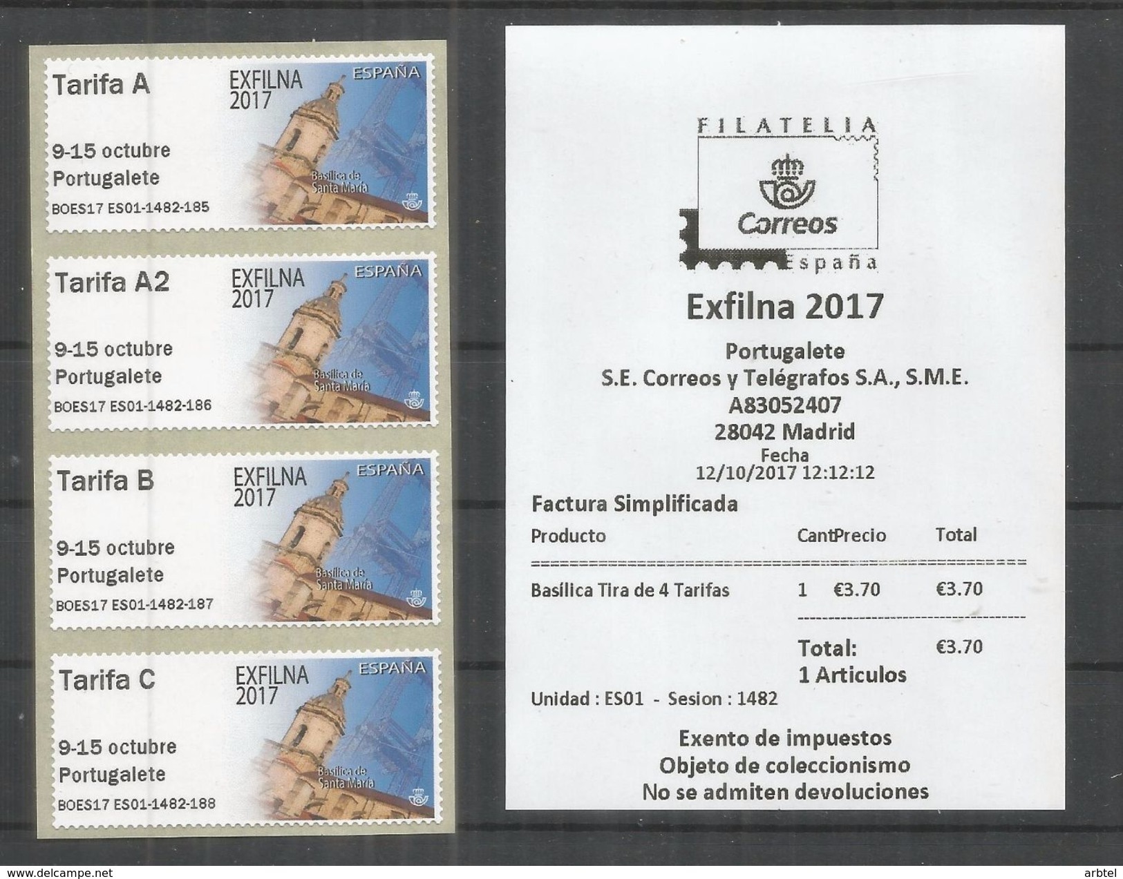 ESPAÑA ATM EXFILNA 2017 BASILICA TIRA DE 4 TARIFAS  CON RECIBO MAQUINA AUTO COD. BOES17 - Nuevos