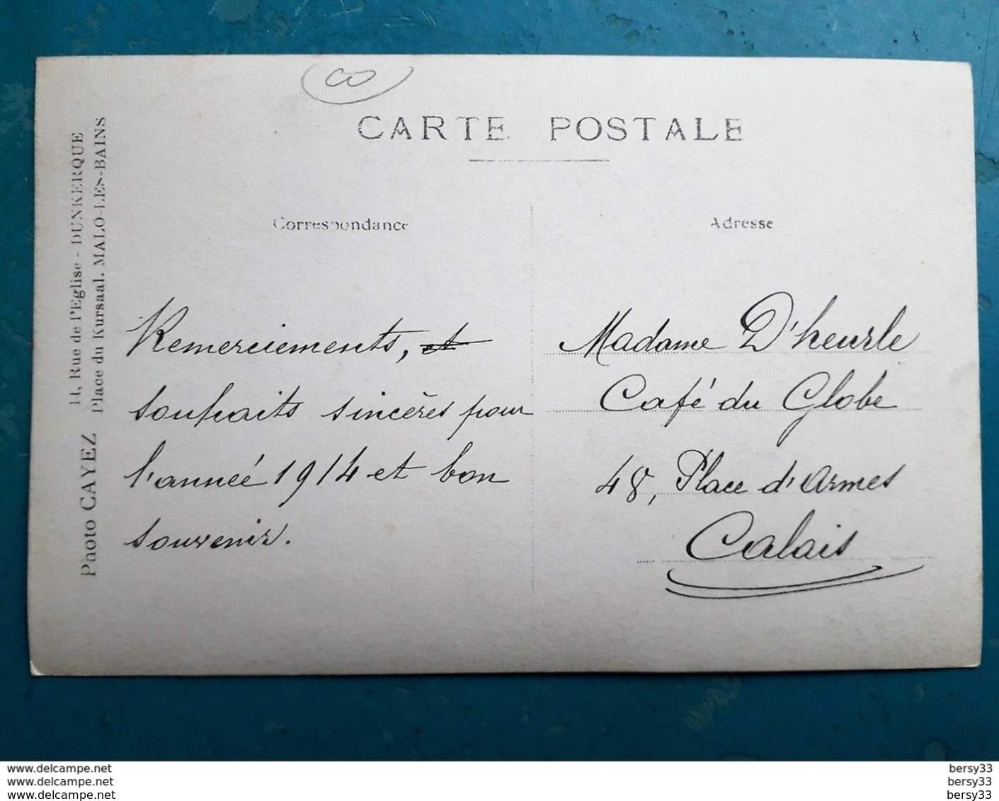 CPA - Carte Photo -  Famille Adressant Souhaits Pour 1914 à Mme DHEURLE Café Du GLOBE 48 Pl. D'Armes à CALAIS - Neujahr