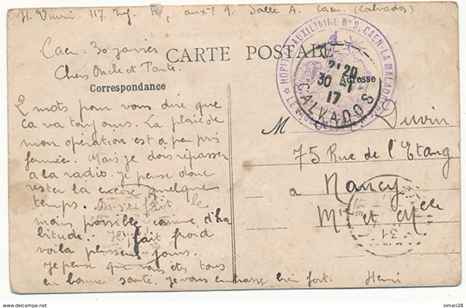 CAEN - N° 147 - LA MALADRERIE ( AVEC CACHET HOPITAL AUXILIAIRE N° 9 CAEN LA MALADRERIE) - Caen