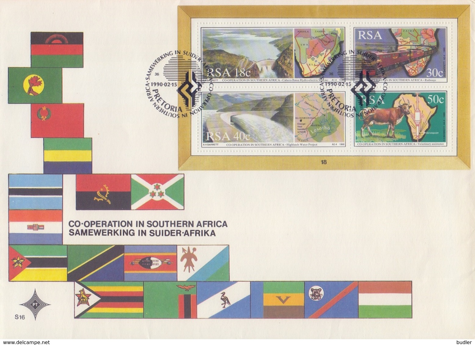 Rep. Of SOUTH AFRICA :1990: Y.BF24 On FDC : ## Co-Operation In SOUTHERN AFRICA ##BARRAGE,RAILWAYS,TRAIN,AGRICULTURE,MAP, - FDC