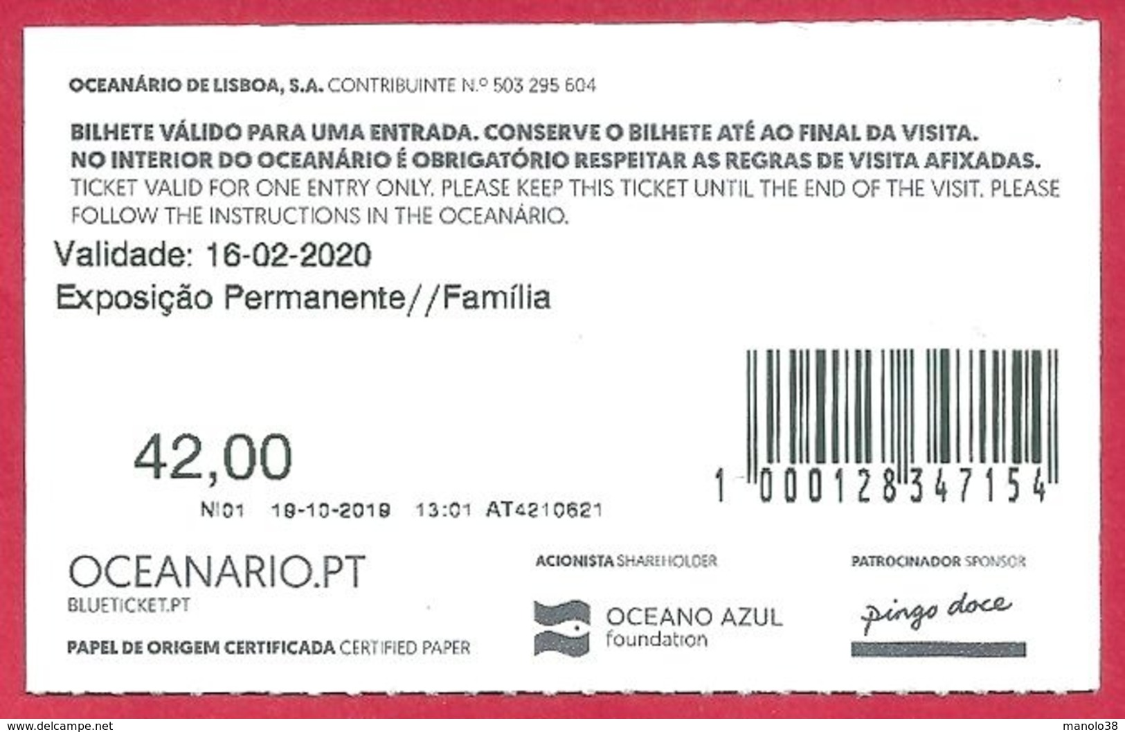 Ticket De L'aquarium De Lisbonne. Portugal. Visuel: Un Poisson Clown. 2019. - Tickets D'entrée