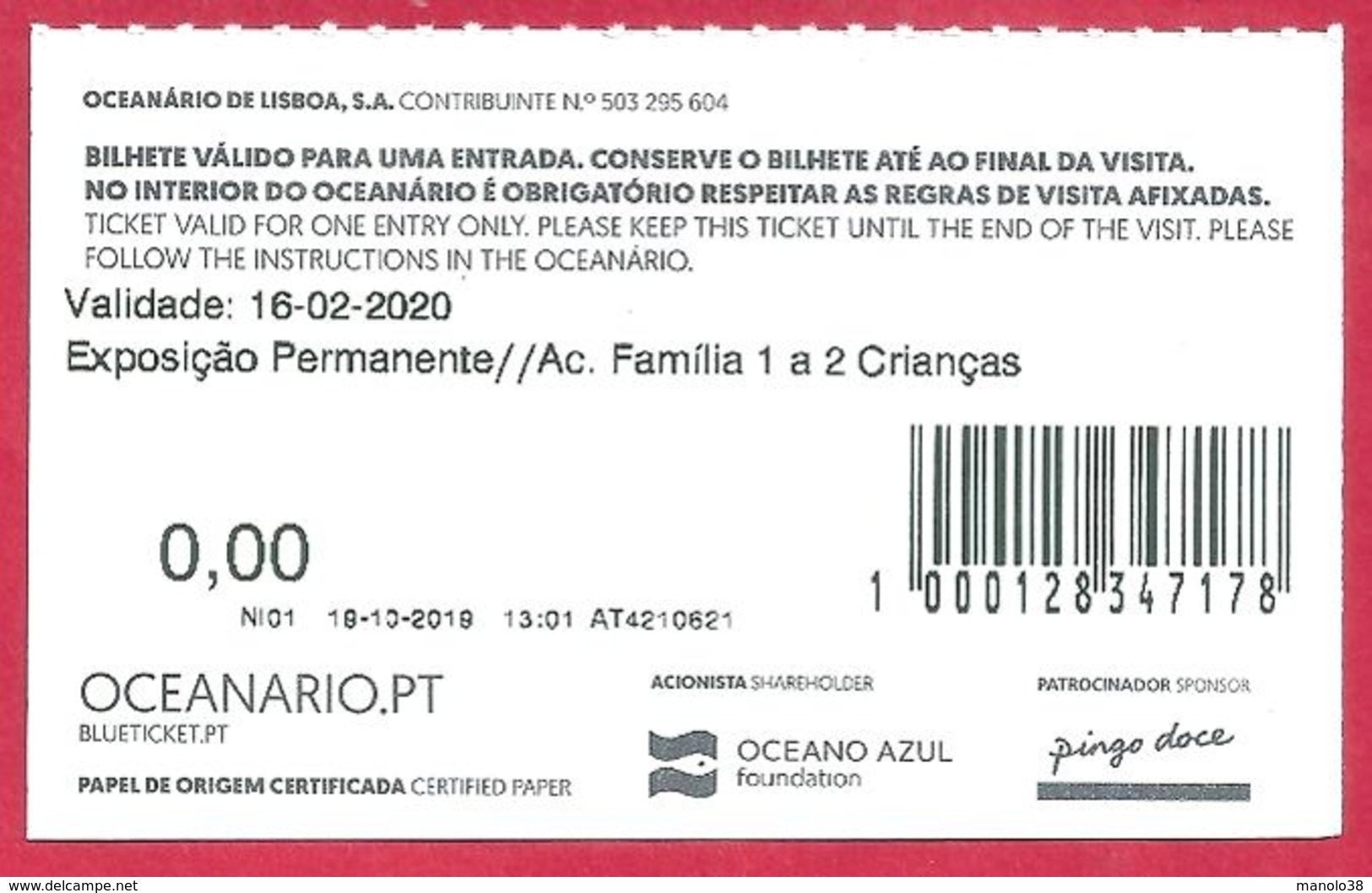 Ticket De L'aquarium De Lisbonne. Portugal. Visuel: Un Hippocampe. 2019. - Tickets D'entrée