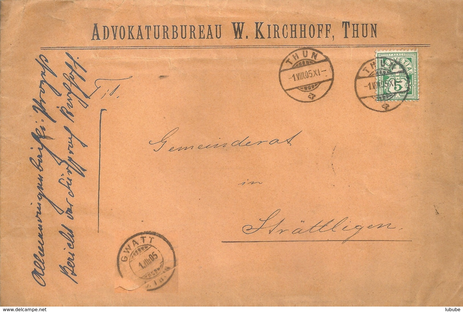 Motiv Brief  "Advokaturbureau Kirchhoff, Thun"           1905 - Storia Postale