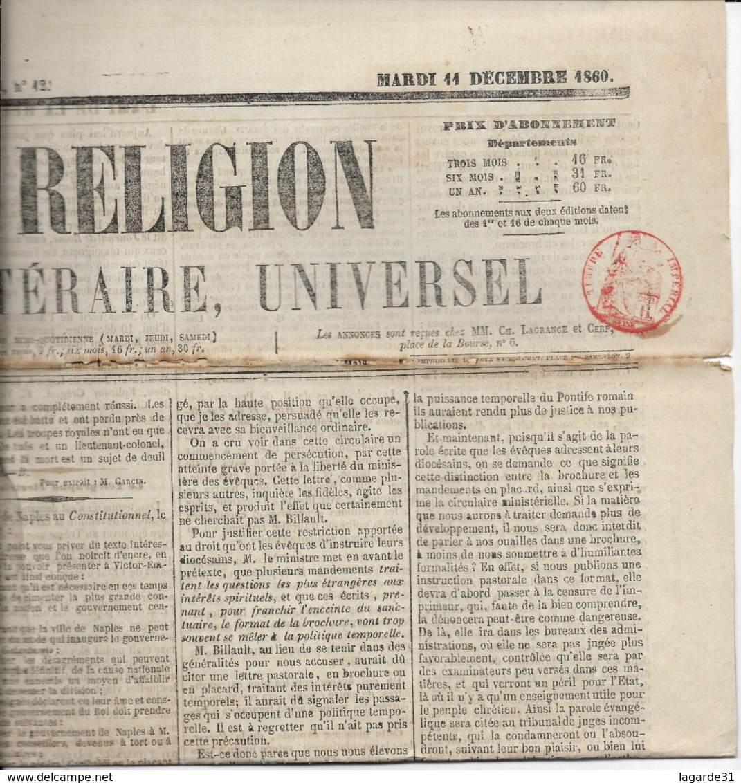 L'ami De La Religion  Journal Politique Littéraire Universel - 11 Decembre 1860 - Magazines - Before 1900