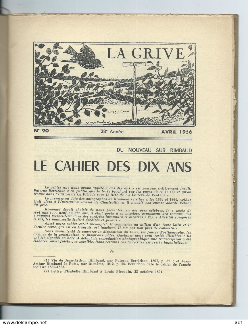 ANCIENNE REVUE LA GRIVE N°90, 1956, " ARTHUR RIMBAUD LE CAHIER DES DIX ANS ", ANDE DHOTEL, SOMMER, ARDENNES 08 - Tourismus Und Gegenden