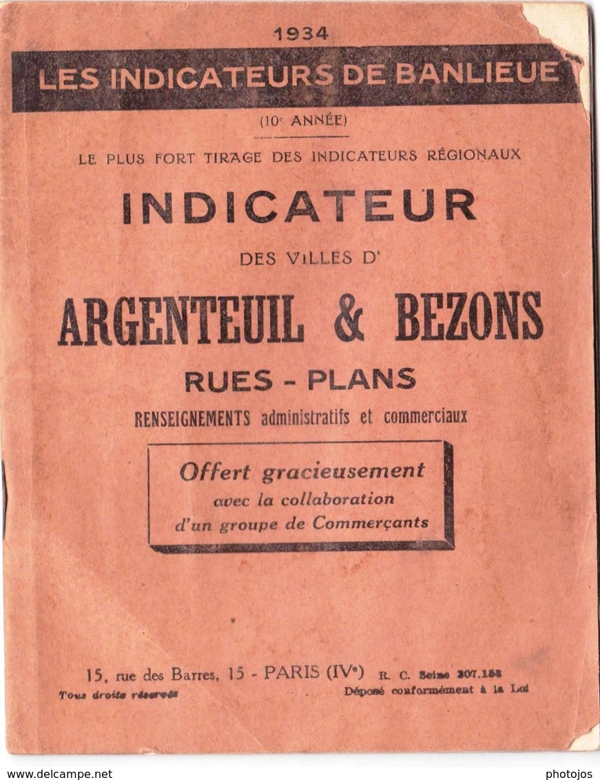 Les Indicateurs De Banlieue : Argenteuil Bezons Orgemont (95) Plan Rues Renseignements En 1934 Publicités Commerciales - Europe