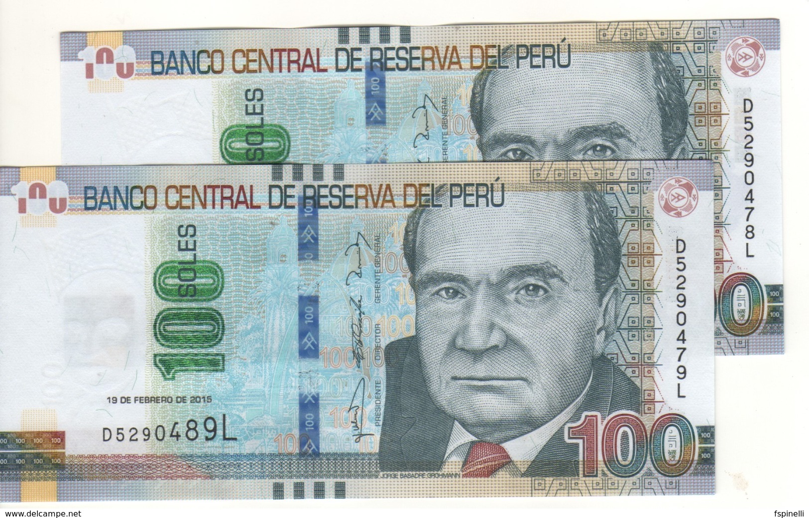 PERU   (error Notes) 2 X 100 Soles (Mismatched Serial Nr.  .....488L & 478L & 489L  & 479L  ) 19.2.2015 Pnew UNC - Peru