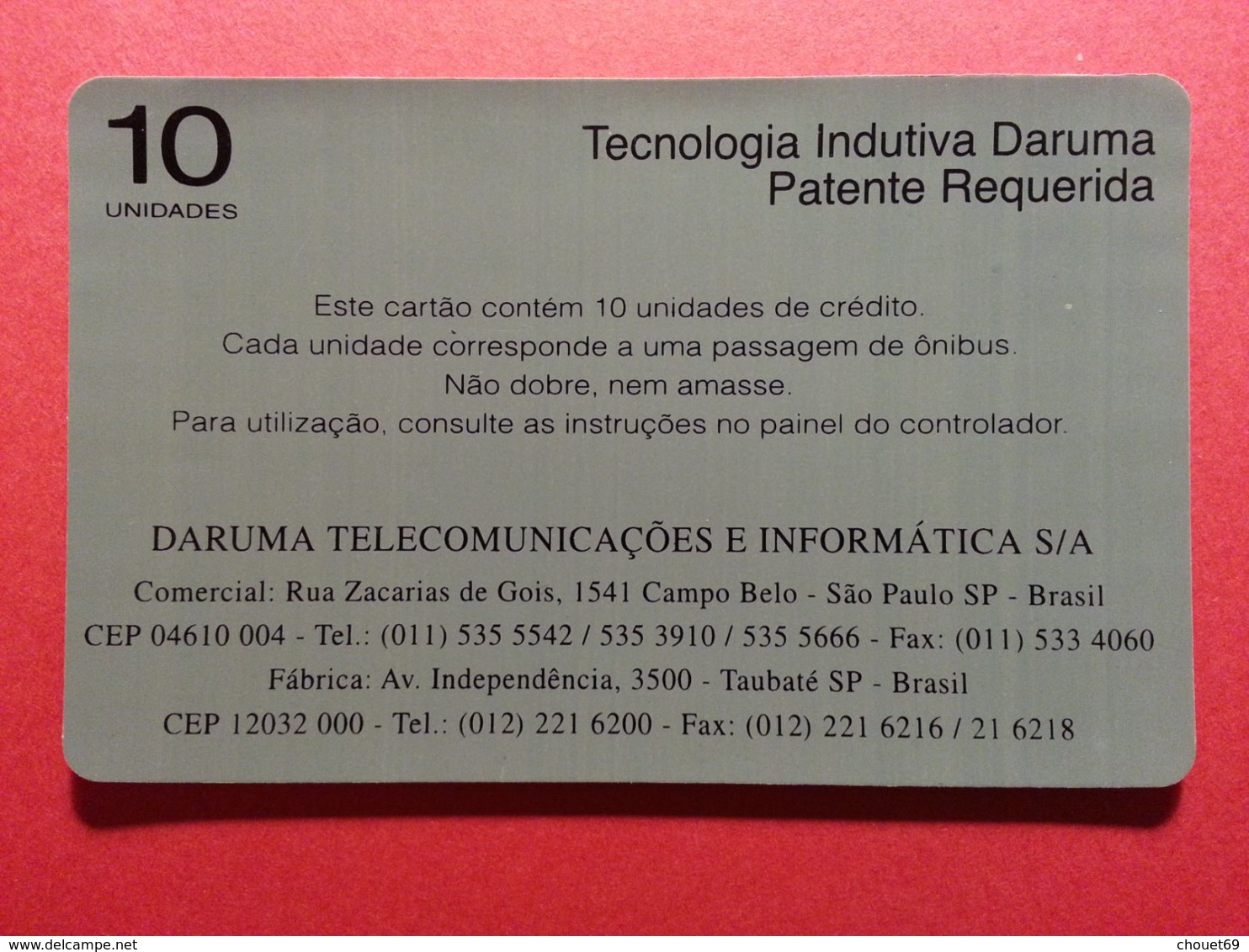 BRESIL BUS CARD ORANGE Daruma URMET 10u Telephone Test Inductive BRASIL Mint Unused Neuve (BA1019 - Brazilië