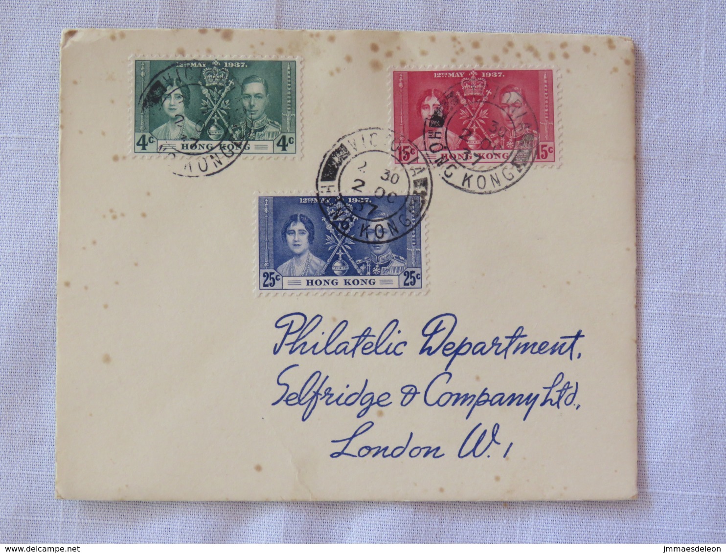 Hong Kong 1937 Cover To London - Coronation (Scott 151-153 = 8.50 $) - Brieven En Documenten