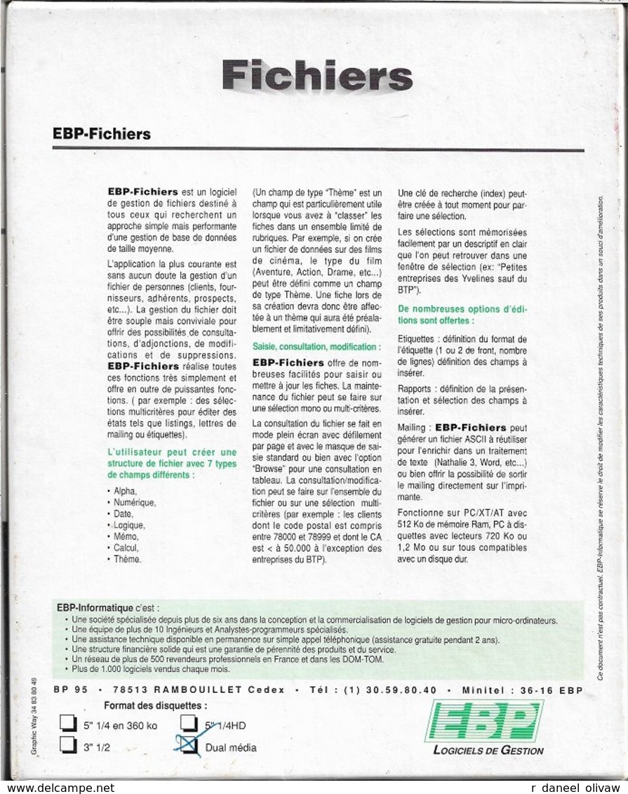EBP - Fichiers V. 1.7 Pour DOS 3 Et Supérieur (vers 1988, TBE+) - Andere & Zonder Classificatie
