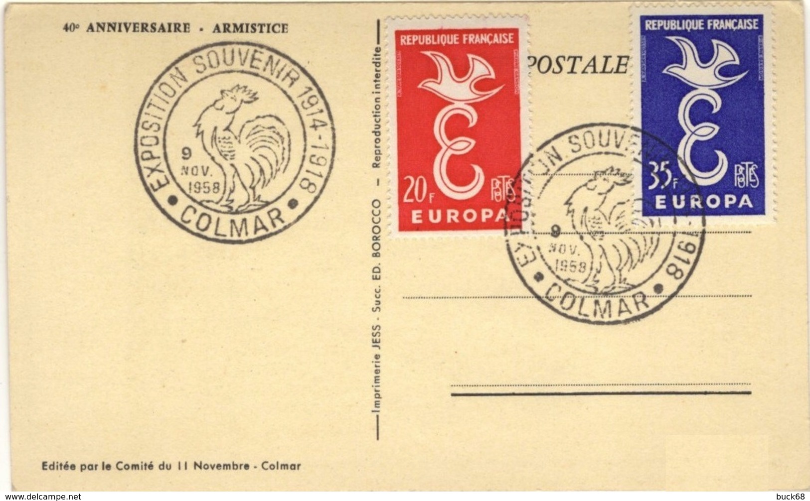 FRANCE 1173 1174 FDC 1er Jour EUROPA Poilu Alsacienne Expo Souvenir 1914-1918 Colmar Nov 1958 [GR] - 1950-1959