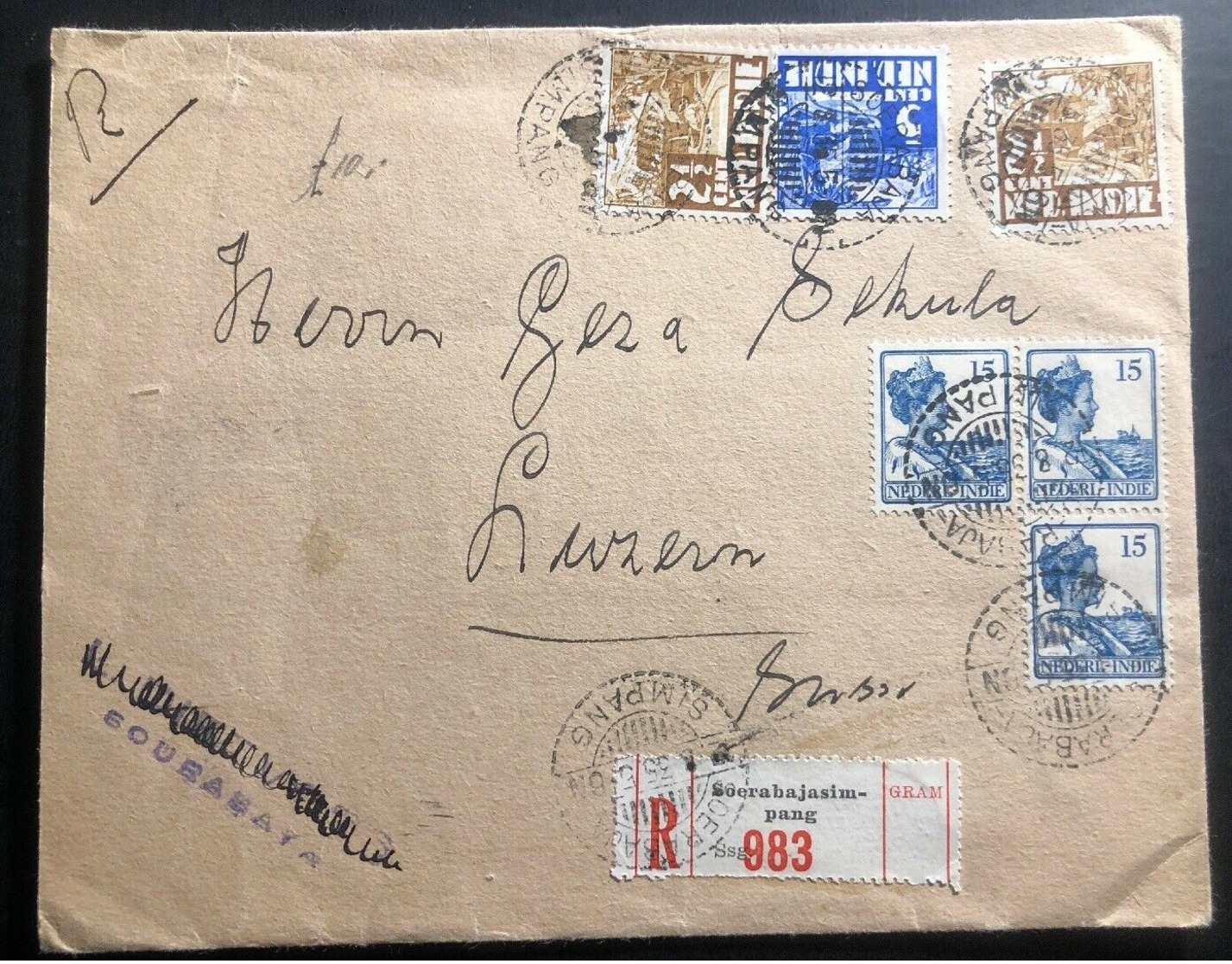 1935 Soerabaja Netherlands Indies Registered Cover To Lucern Switzerland - Indonesia