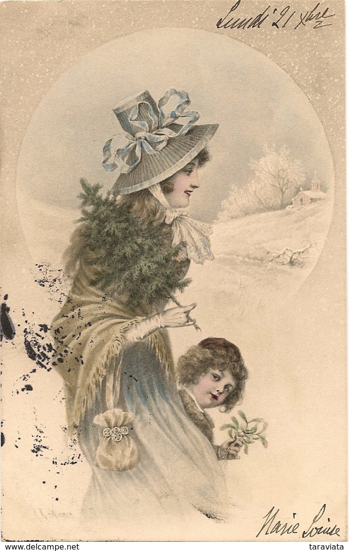 WICHERA Illustrateur VIENNOISE - FEMME ENFANT NEIGE ET SAPIN- Alcool M M Vienne N° 156 DOS SIMPLE - Wichera