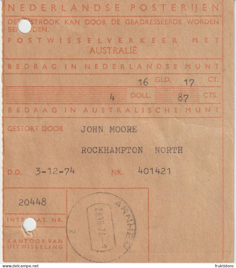 The Netherlands Postal Invoice Registered Letter To Australia - Arnhem 1974 - Netherlands