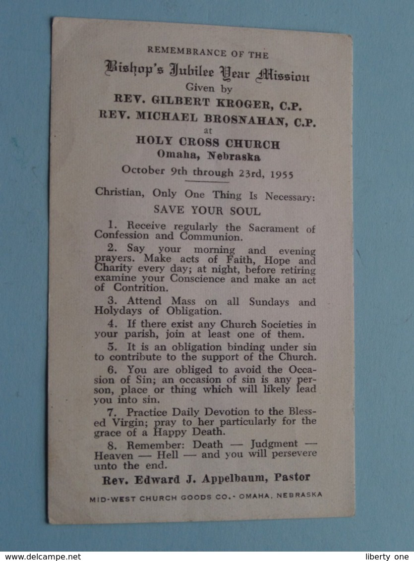 BISHOP's JUBILEE Year Mission By Rev. Gilbert KROGER C.P. & Rev. Michael BROSNAHAN C.P. Omaha 1955 ( See Photo ) ! - Religion & Esotérisme